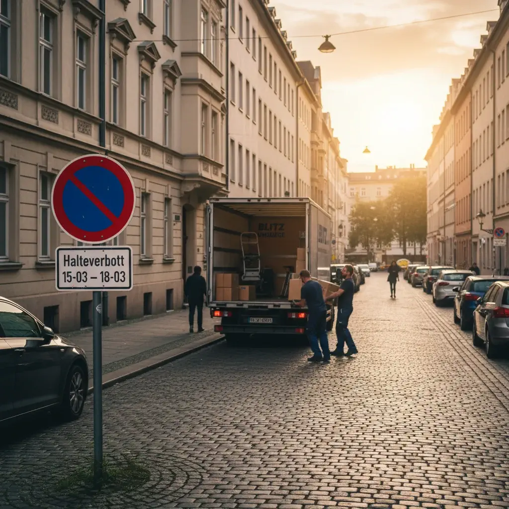 Halteverbotszone mit Schildern vor einem Umzugs-LKW in Regensburg