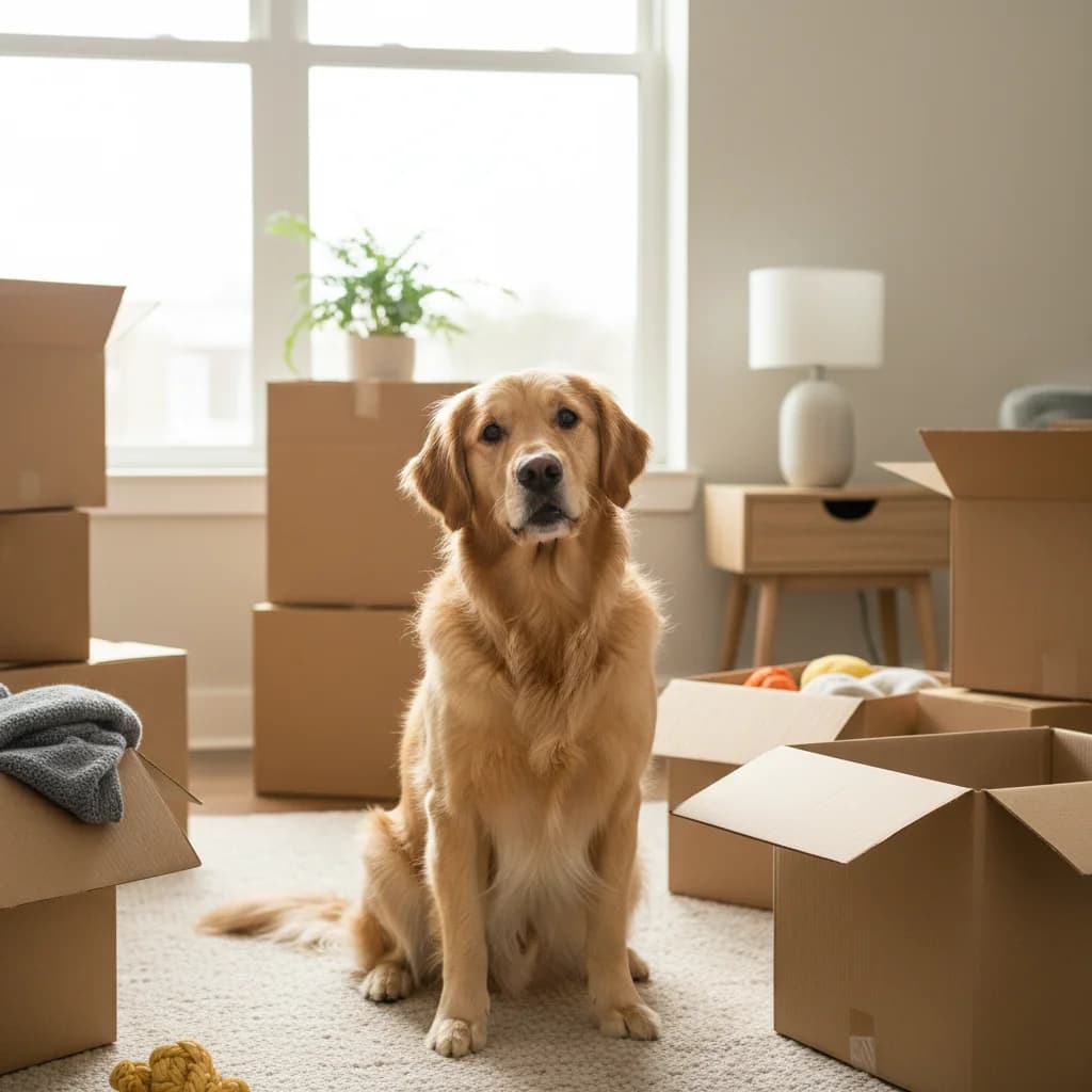 Hund neben Umzugskartons